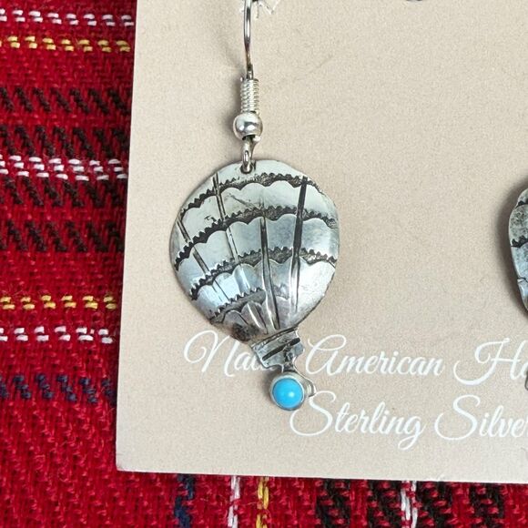 Sterling Silver Turquoise Hot Air Balloon Dangle Earrings Lucille Platero Navajo - Picture 2 of 6